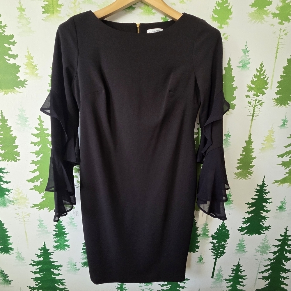 Elegant Calvin Klein Black Ruffle Sleeve Sheath Dress